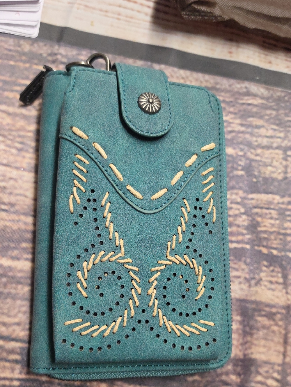 Wrangler Teal Crossbody Wallet with Decorative Stitching